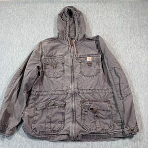 Carhartt Jacket Women M Gray Hooded Full Zip Workwear Canvas Coat Pockets